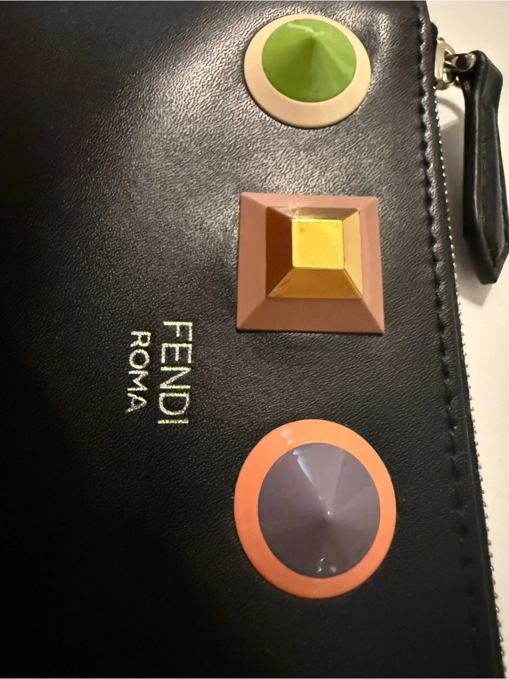 Fendi Rainbow Studs Vitello Leather Coin Card Pouch Keychain